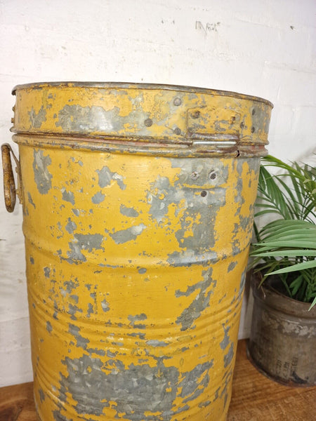 Vintage Indian Industrial Galvanised Metal Rice Grain Storage Drum Bin Cannister