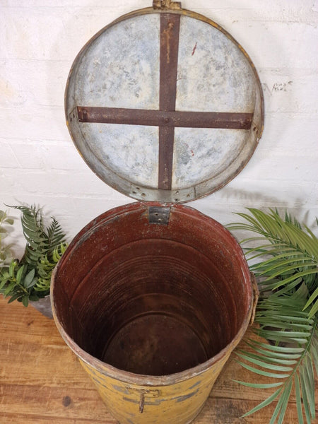 Vintage Indian Industrial Galvanised Metal Rice Grain Storage Drum Bin Cannister