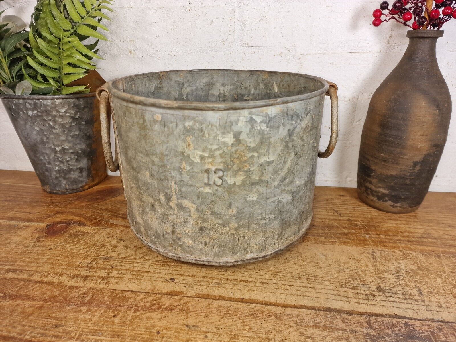 Vintage Rustic Reclaimed Galvanised Zinc Metal Garden Planter Tub Bucket Trough