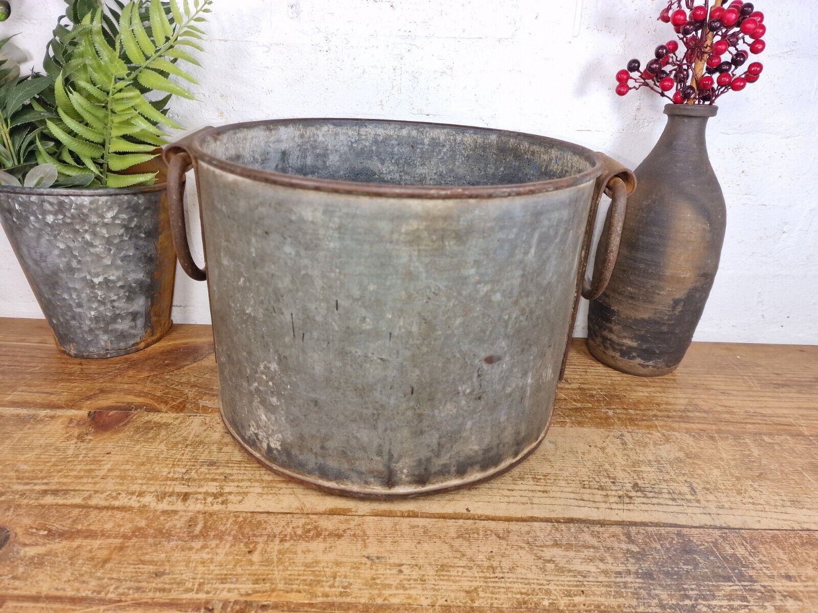 Vintage Rustic Reclaimed Galvanised Zinc Metal Garden Planter Tub Bucket Trough