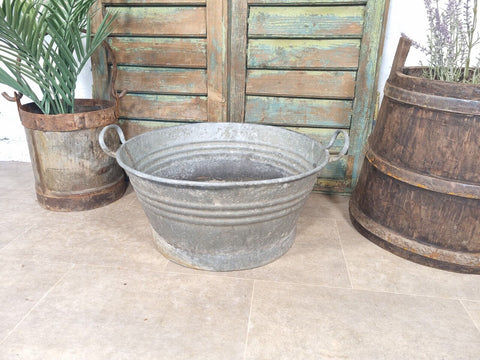 Vintage French European Galvanised Round Tub Bucket Pail Garden Planter