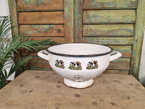 Vintage French European Enamel Colander Bowl Tub Garden Planter