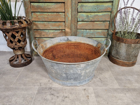 Large Vintage French European Galvanised Round Tub Bucket Pail Garden Planter