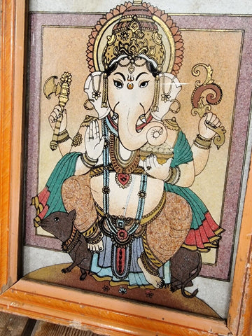 Vintage Reclaimed Framed Reverse Glass Ganesha Coloured Sand Painting