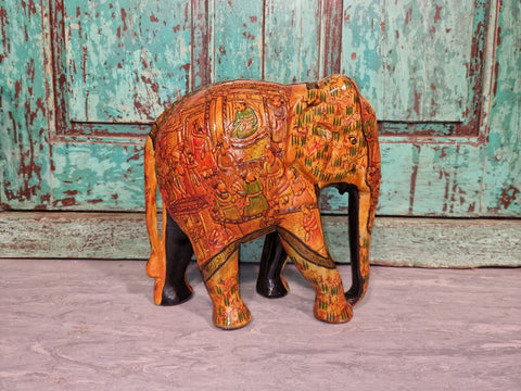 Vintage Hand Carved Solid Wooden Indian Kashmir Hand Painted Elephant Statue