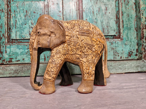 Vintage Hand Carved Solid Wooden Indian Kashmir Hand Painted Elephant Statue