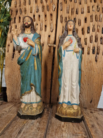 Beautiful Pair Antique European Jesus & Mary  Sacred Heart Plaster Statues