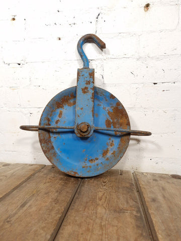 Vintage French Blue Industrial Rope Pulley Hook