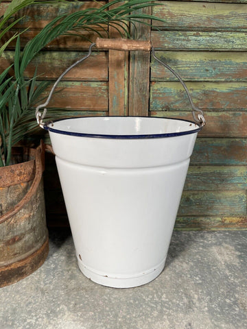 Vintage French White Rustic Hanging Enamel Milking Bucket Garden Planter Tub