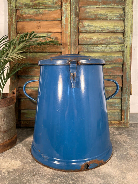 Vintage 1960's Blue Hungarian Enamel Kitchen Storage Bin Pot Tub Jar Bread Flour