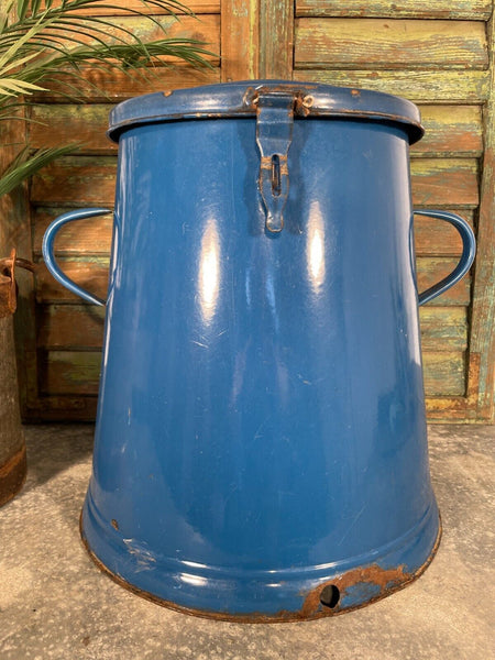 Vintage 1960's Blue Hungarian Enamel Kitchen Storage Bin Pot Tub Jar Bread Flour