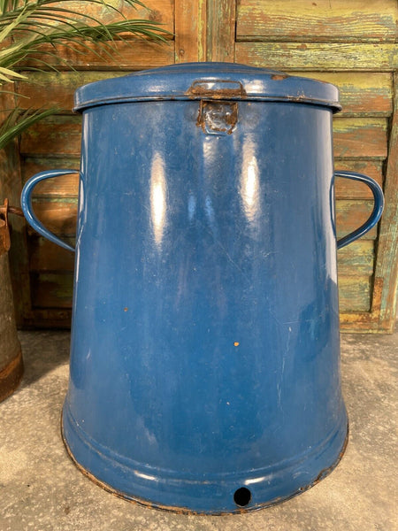 Vintage 1960's Blue Hungarian Enamel Kitchen Storage Bin Pot Tub Jar Bread Flour