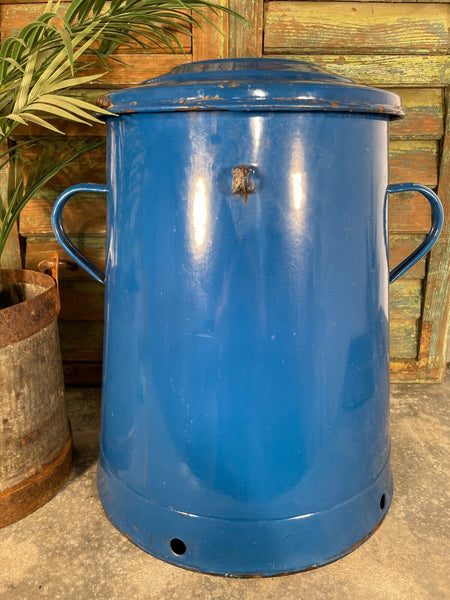 Vintage 1960's Blue Hungarian Enamel Kitchen Storage Bin Pot Tub Jar Bread Flour