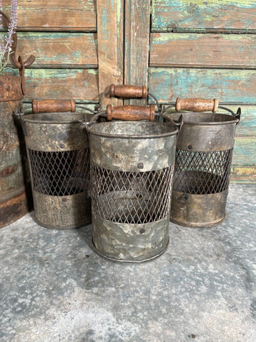 Vintage Rustic Riveted Iron Metal Pot Utensil Planter Pen Desk Storage Container