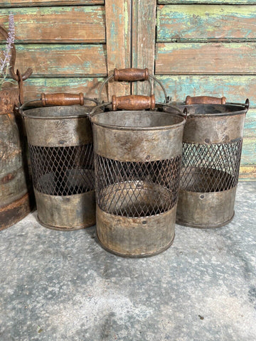 Vintage Rustic Riveted Iron Metal Pot Utensil Planter Pen Desk Storage Container