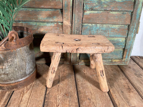 Antique Vintage Rustic Elm Mini Stool Side Table Plant stand