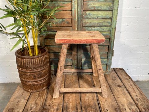 Antique Vintage Rustic Elm Market Stool Side Table Plant Stand