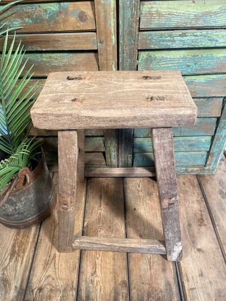 Antique Vintage Rustic Elm Market Stool Side Table Plant Stand