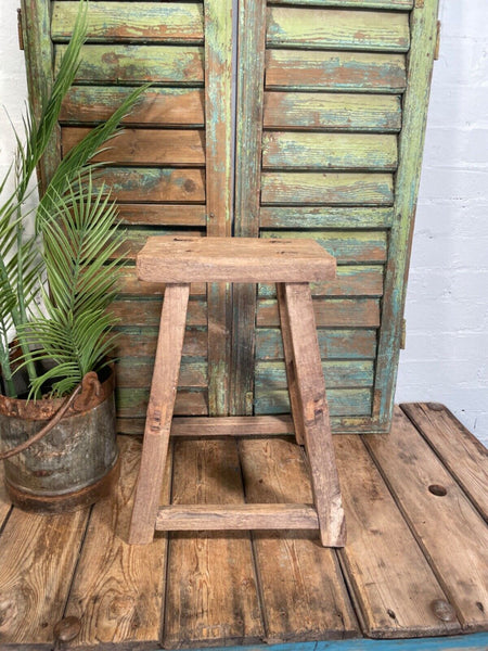 Antique Vintage Rustic Elm Market Stool Side Table Plant Stand