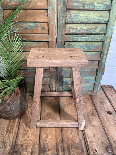 Antique Vintage Rustic Elm Market Stool Side Table Plant Stand