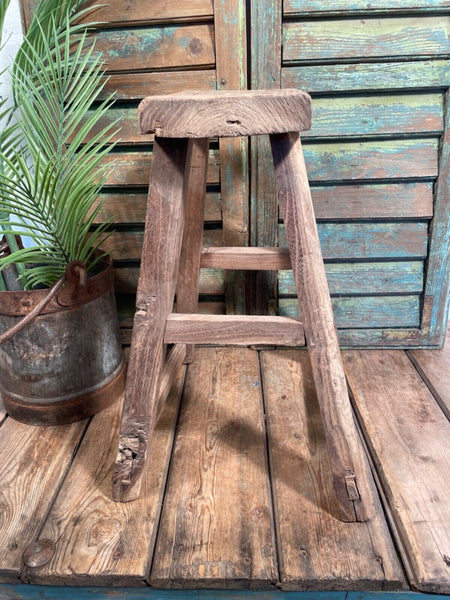 Antique Vintage Rustic Elm Market Stool Side Table Plant Stand