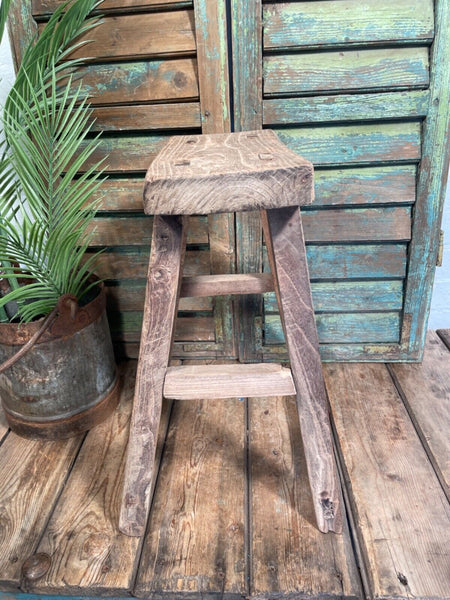 Antique Vintage Rustic Elm Market Stool Side Table Plant Stand