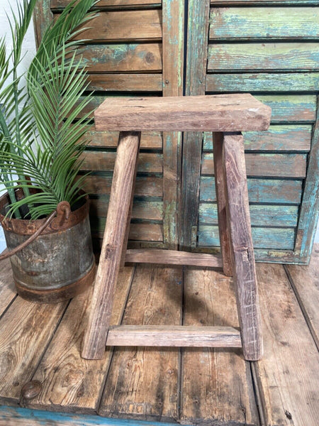 Antique Vintage Rustic Elm Market Stool Side Table Plant Stand