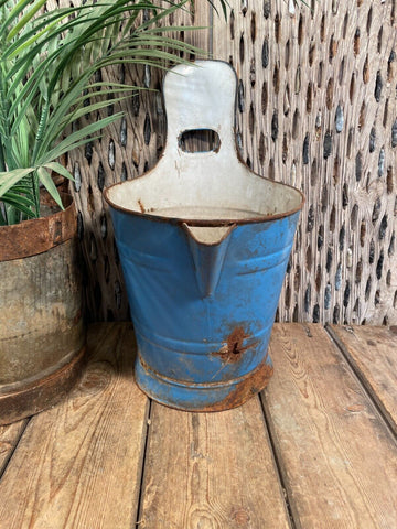 Vintage French Rustic Blue Hanging Enamel Milking Bucket Garden Planter