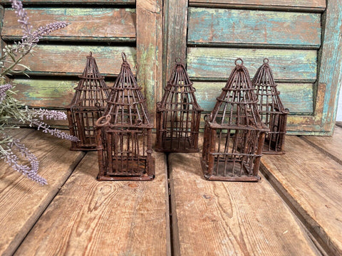 Small Vintage Rustic Metal Bird Cage Hanging Tea Light Candle Holder Lantern