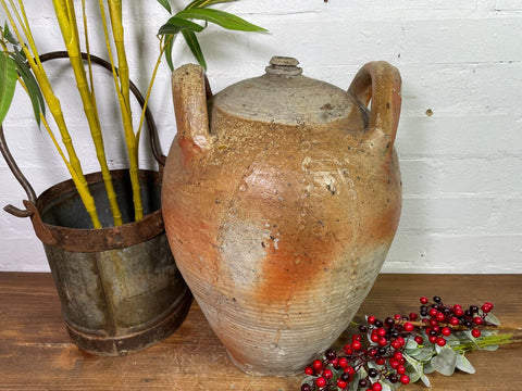 Large Antique Rustic French Earthenware Salt Glazed Stoneware Pitcher Flagon