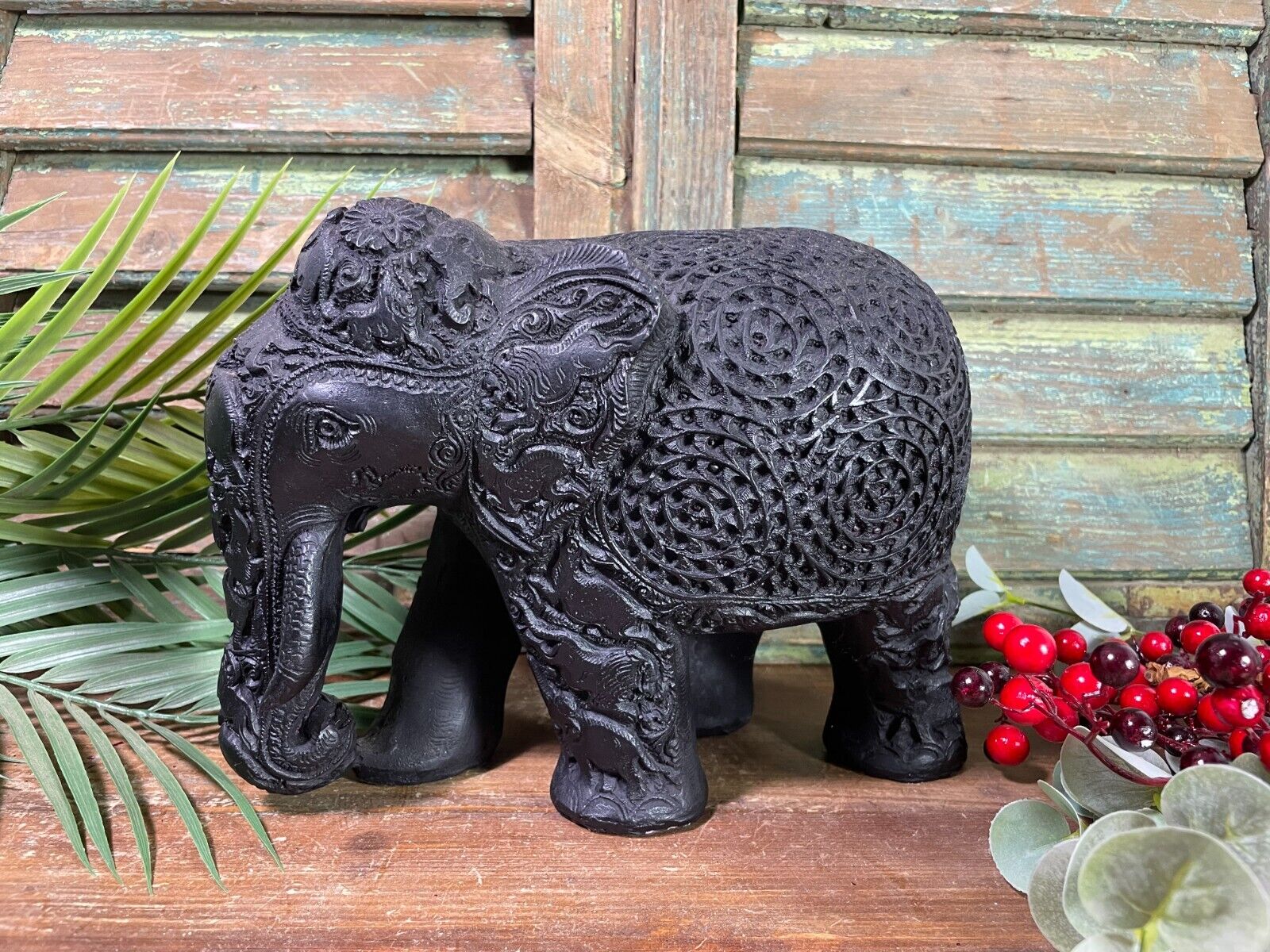 Large Indian Hand Made Marble Resin Black Elephant Statue Sculpture Ornament