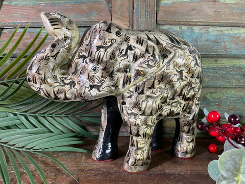 Vintage 8" Indian Kashmir Paper Mache Hand Painted Elephant Statue Ornament